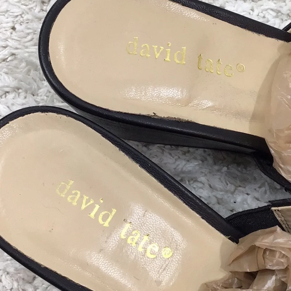 David Tate black leather wedge slides 9W